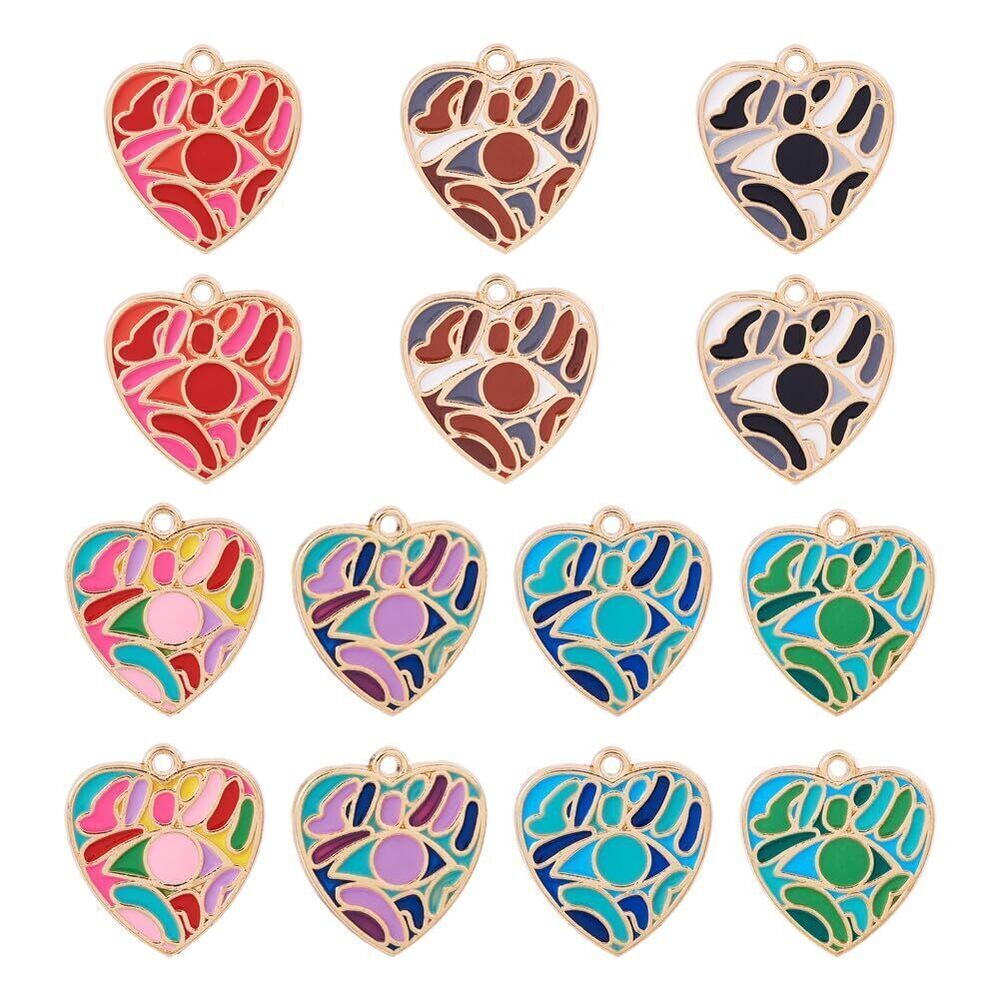 8287 14Pcs Enamel Heart Alloy Charms Heart with Eye Pattern Alloy Pendants